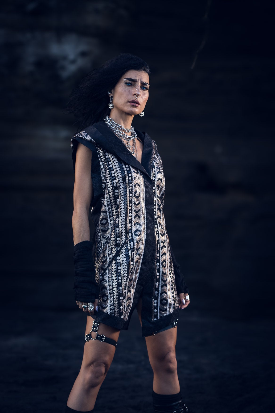 Tribal Warrior Sequin Vest (Black/Champagne)