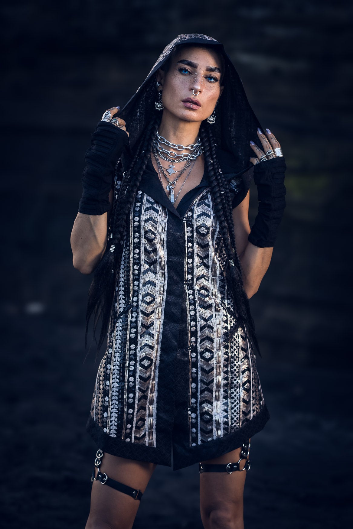 Tribal Warrior Sequin Vest (Black/Champagne)