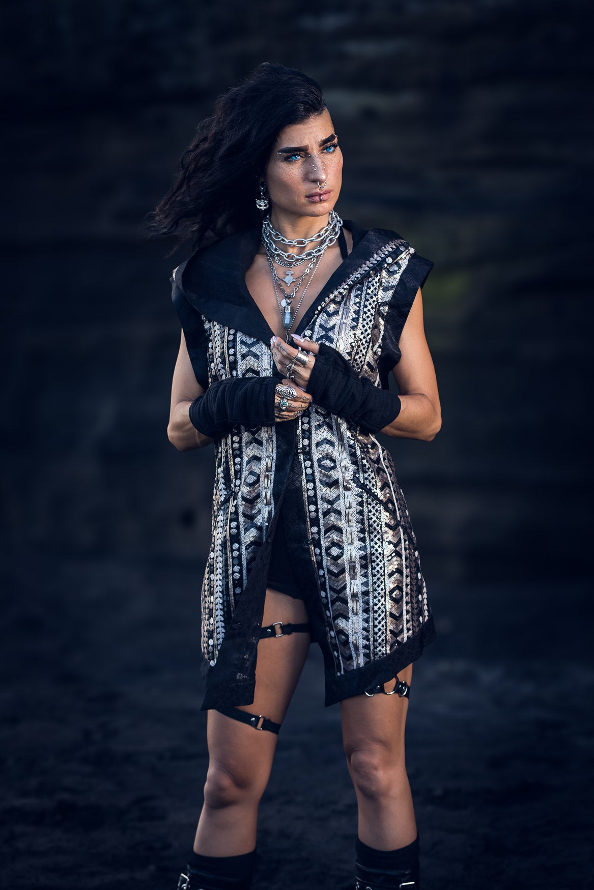 Tribal Warrior Sequin Vest (Black/Champagne)