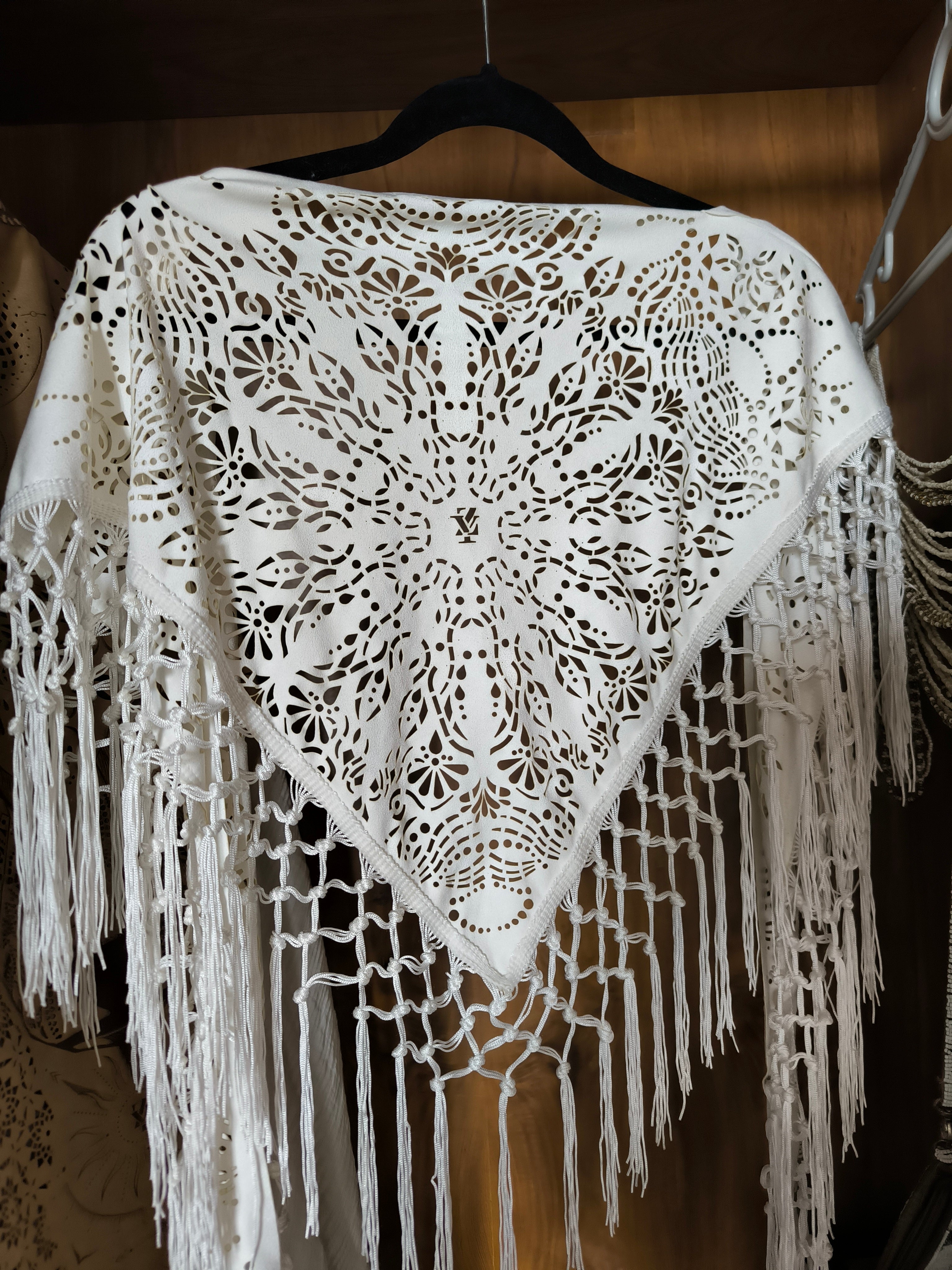 White Laser Cut Mandala Fringe Shawl (3 in 1)
