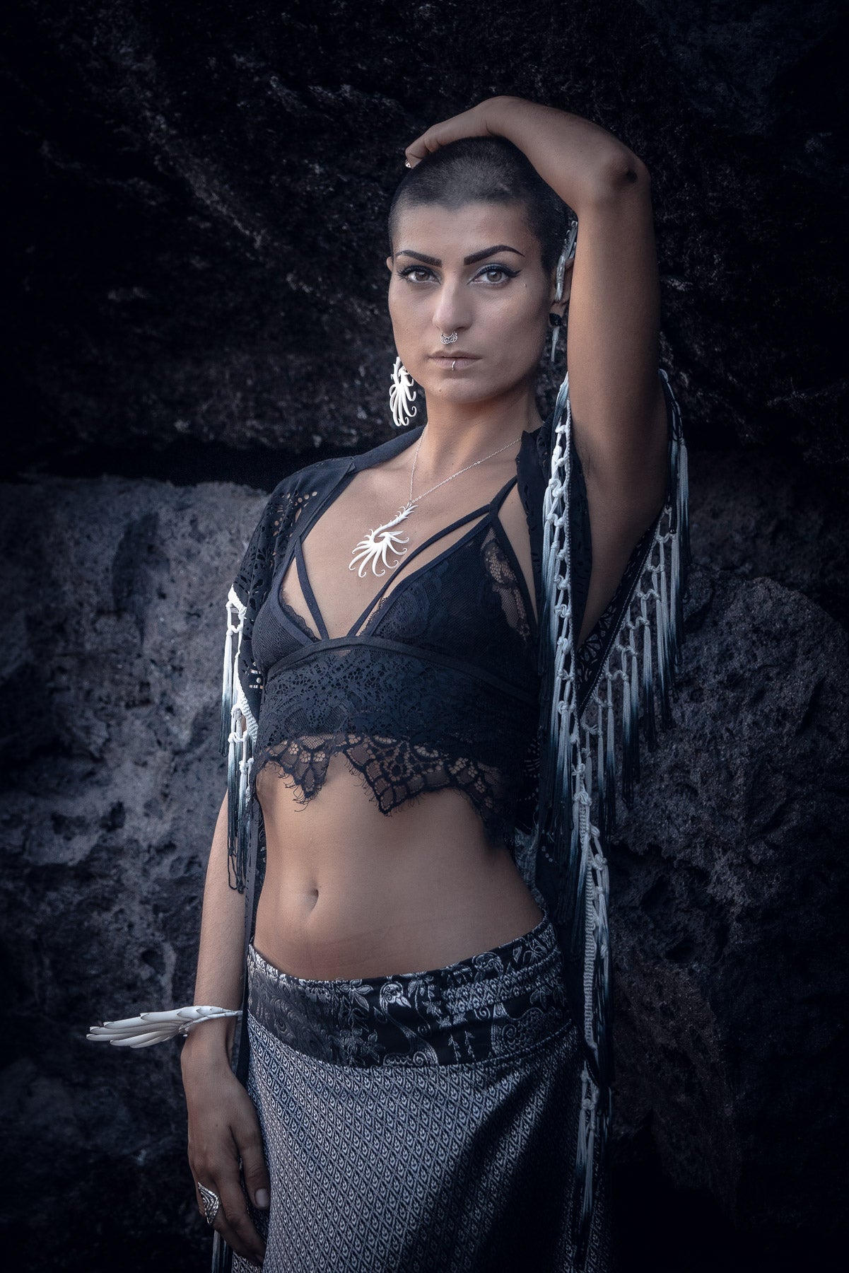 Laser Cut Mandala Fringe Shawl (Black)