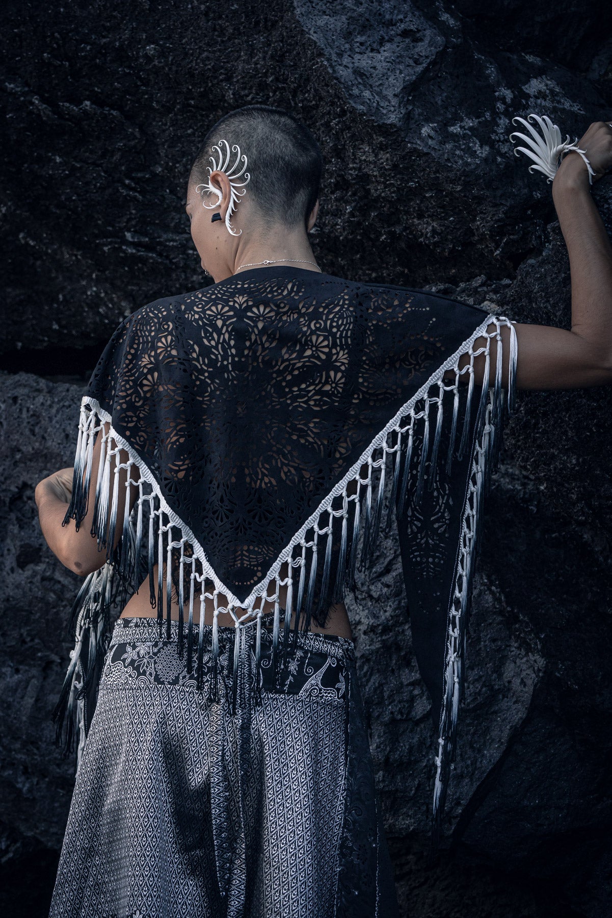 Laser Cut Mandala Fringe Shawl (Black)