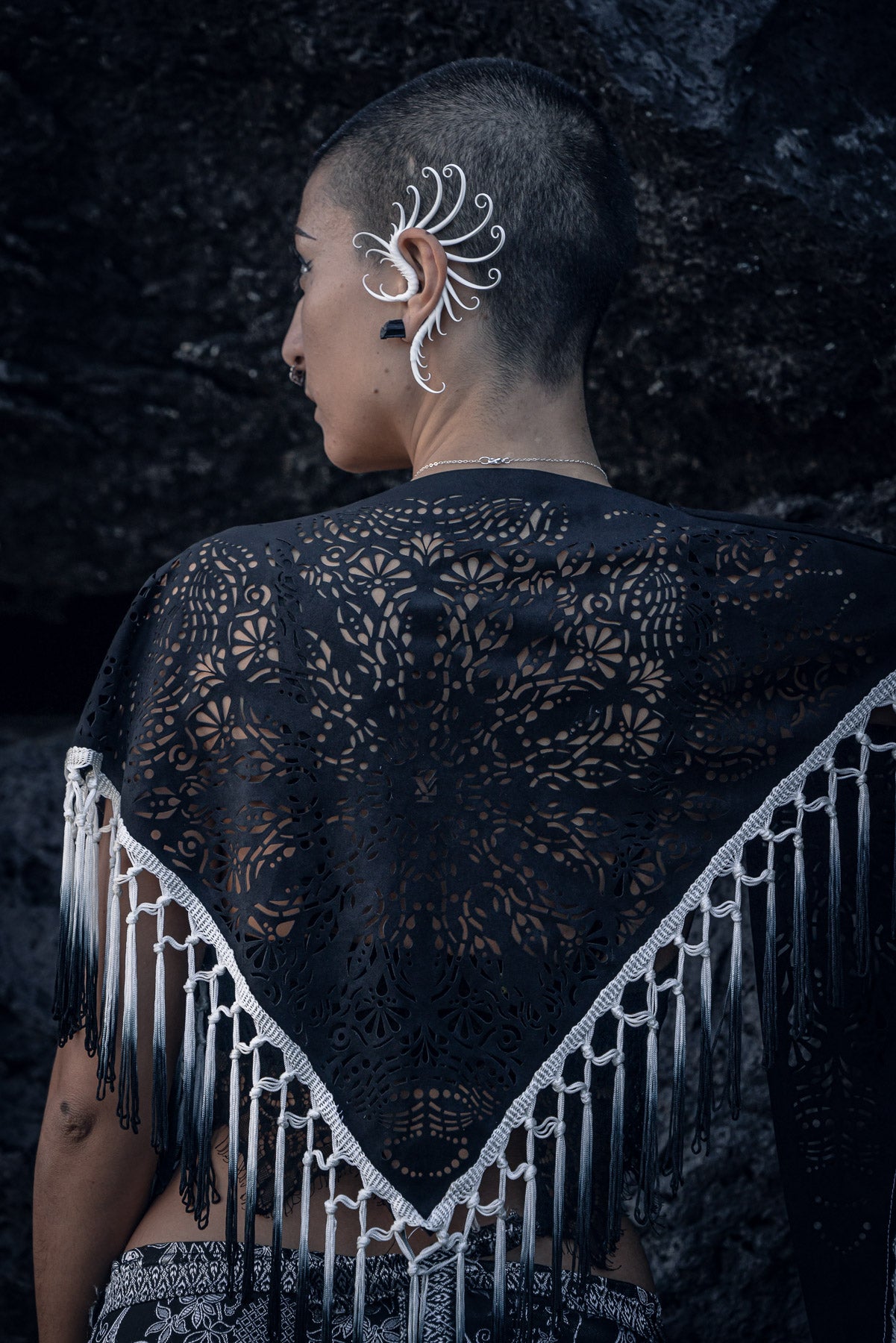 Laser Cut Mandala Fringe Shawl (Black)