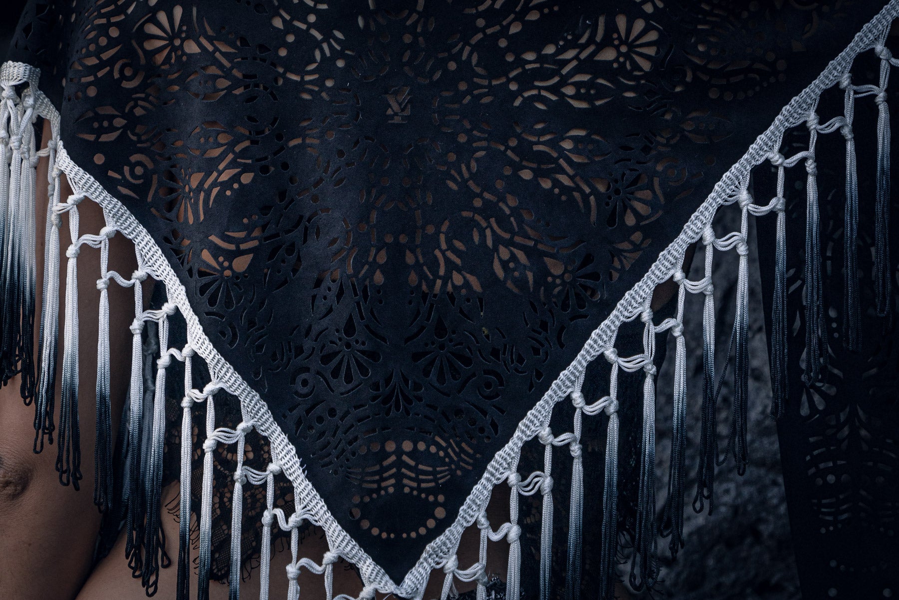 Laser Cut Mandala Fringe Shawl (Black)