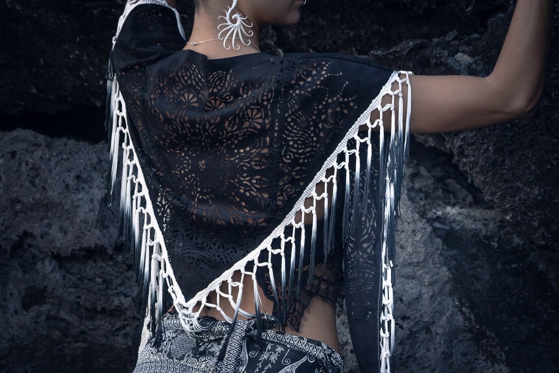 Laser Cut Mandala Fringe Shawl (Black)