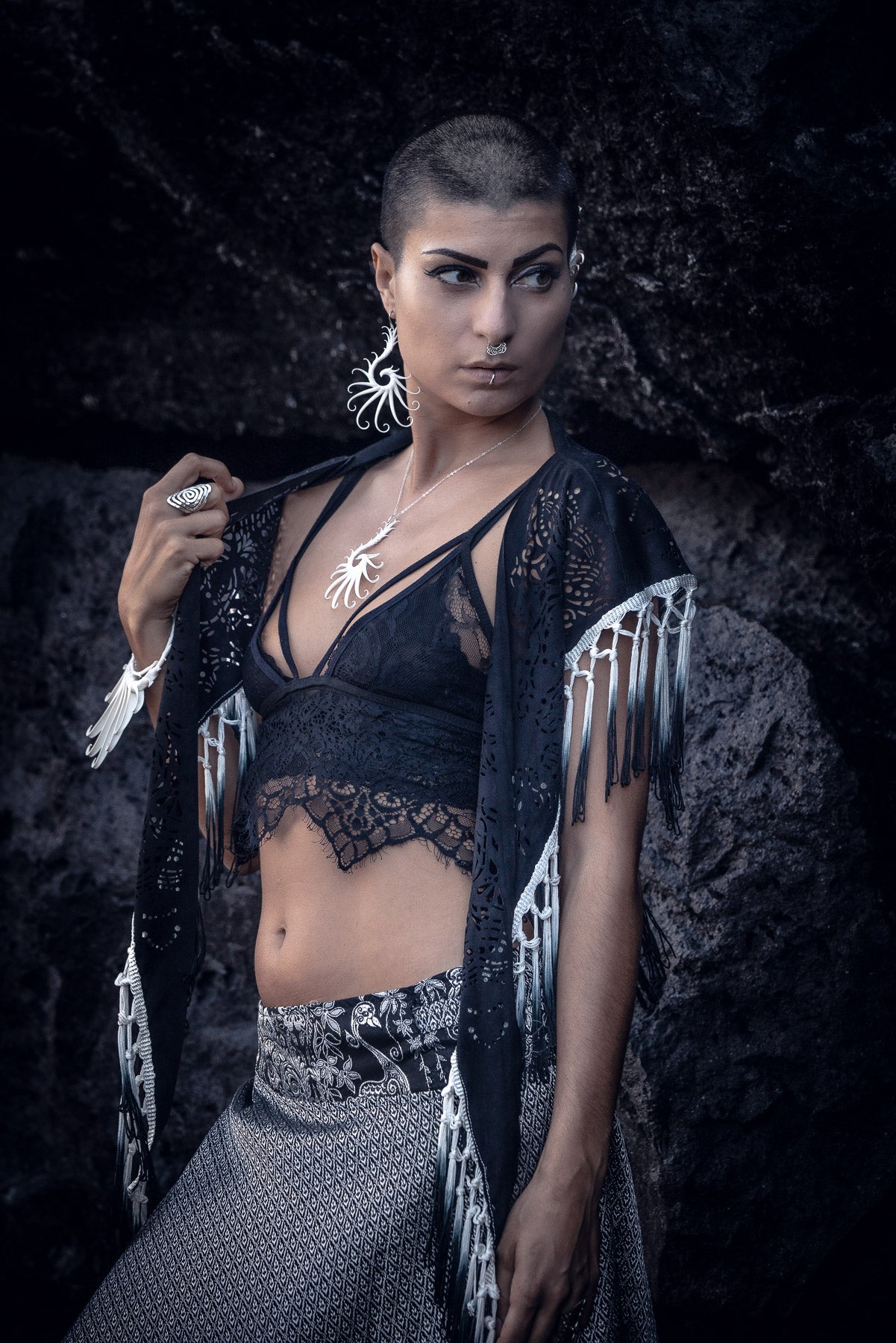 Laser Cut Mandala Fringe Shawl (Black)