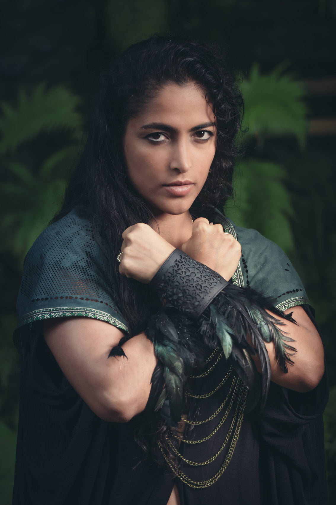 Cosmic Glass Cactus Leather Feather Cuffs