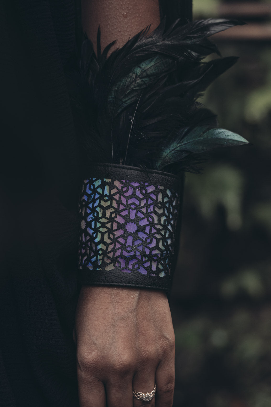 Cosmic Glass Cactus Leather Feather Cuffs