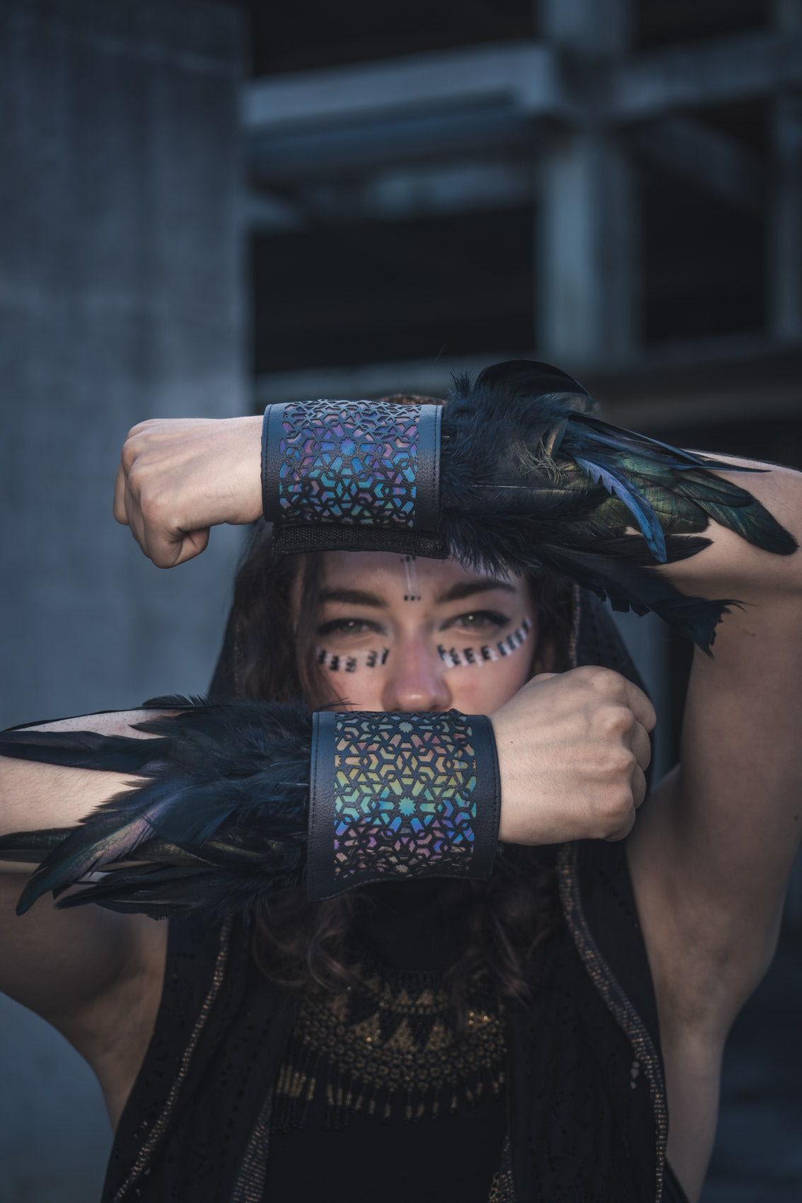 Cosmic Glass Cactus Leather Feather Cuffs