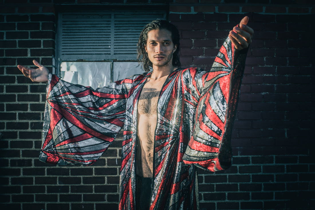 Solar Energy Sequin Kimono (Red/Silver/Black)
