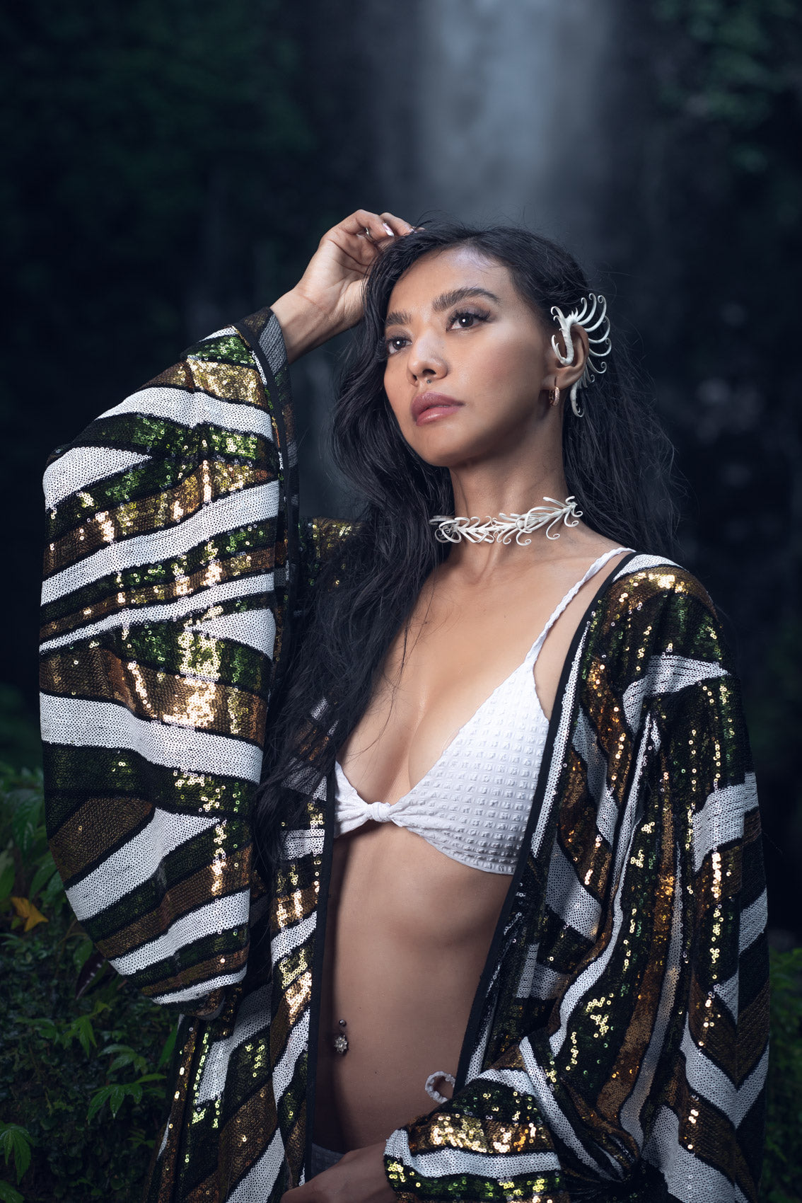 Solar Energy Sequin Kimono (Green/Gold/Matte White)