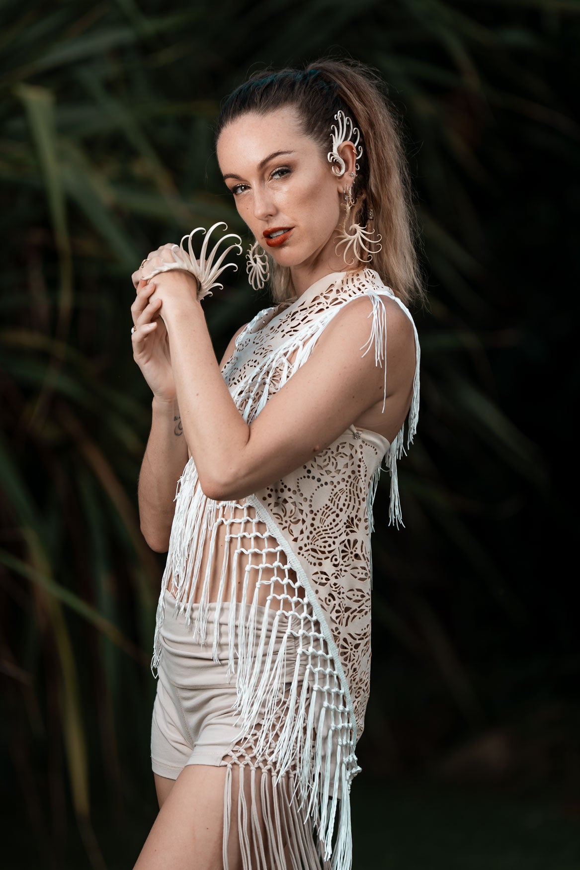 (4 in 1) Cream Mandala Fringe Shawl/Top/Skirt