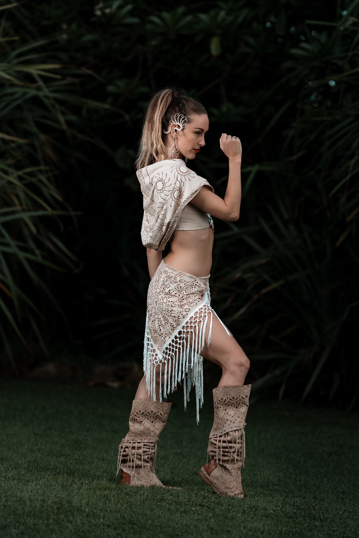 (4 in 1) Cream Mandala Fringe Shawl/Top/Skirt