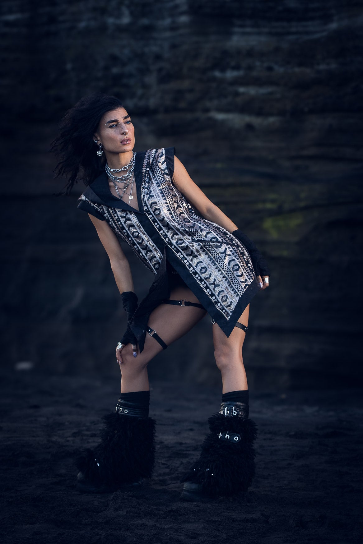 Tribal Warrior Sequin Vest (Black/Champagne)