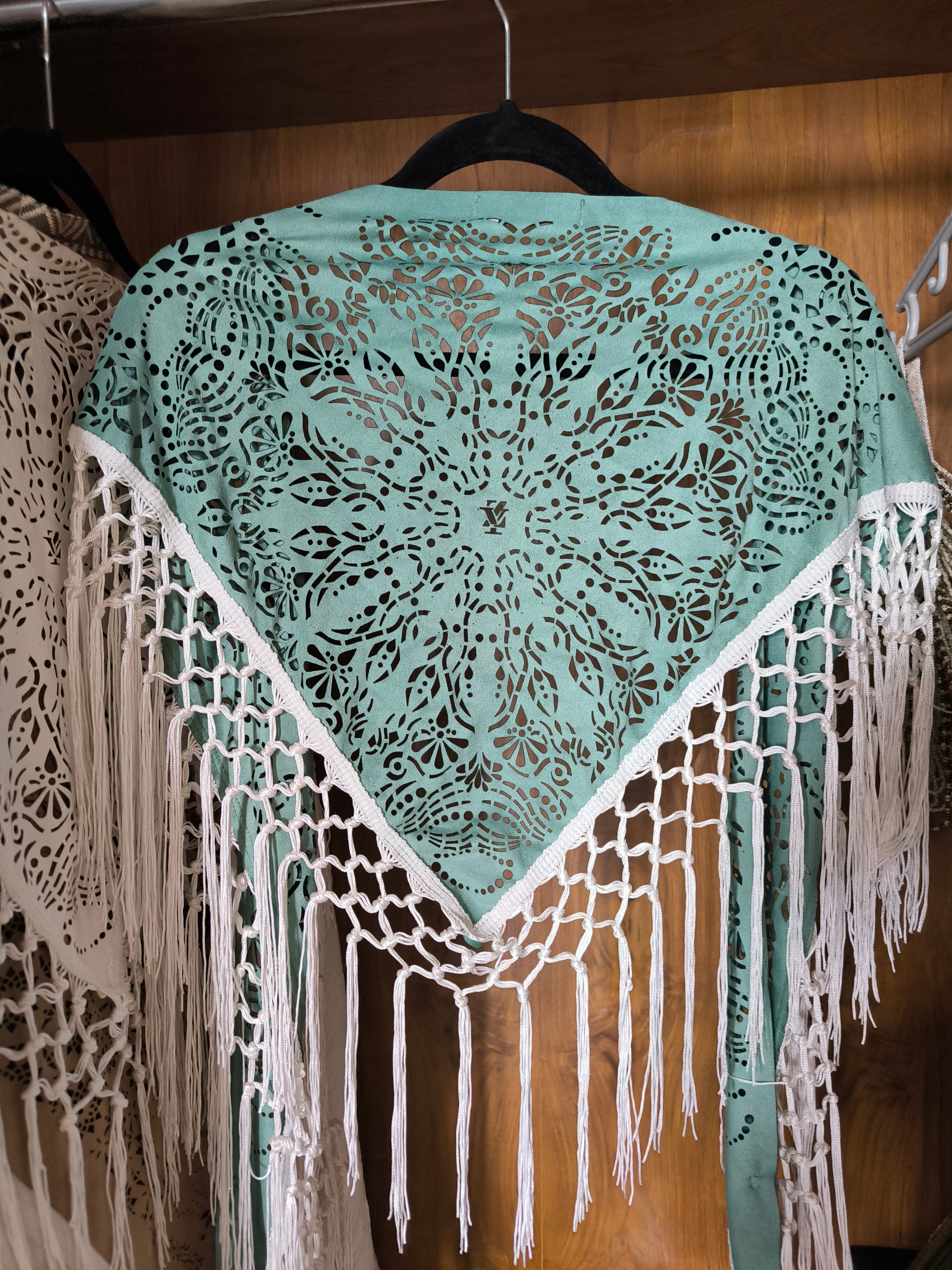 Turquoise Laser Cut Mandala Fringe Shawl (3 in 1)