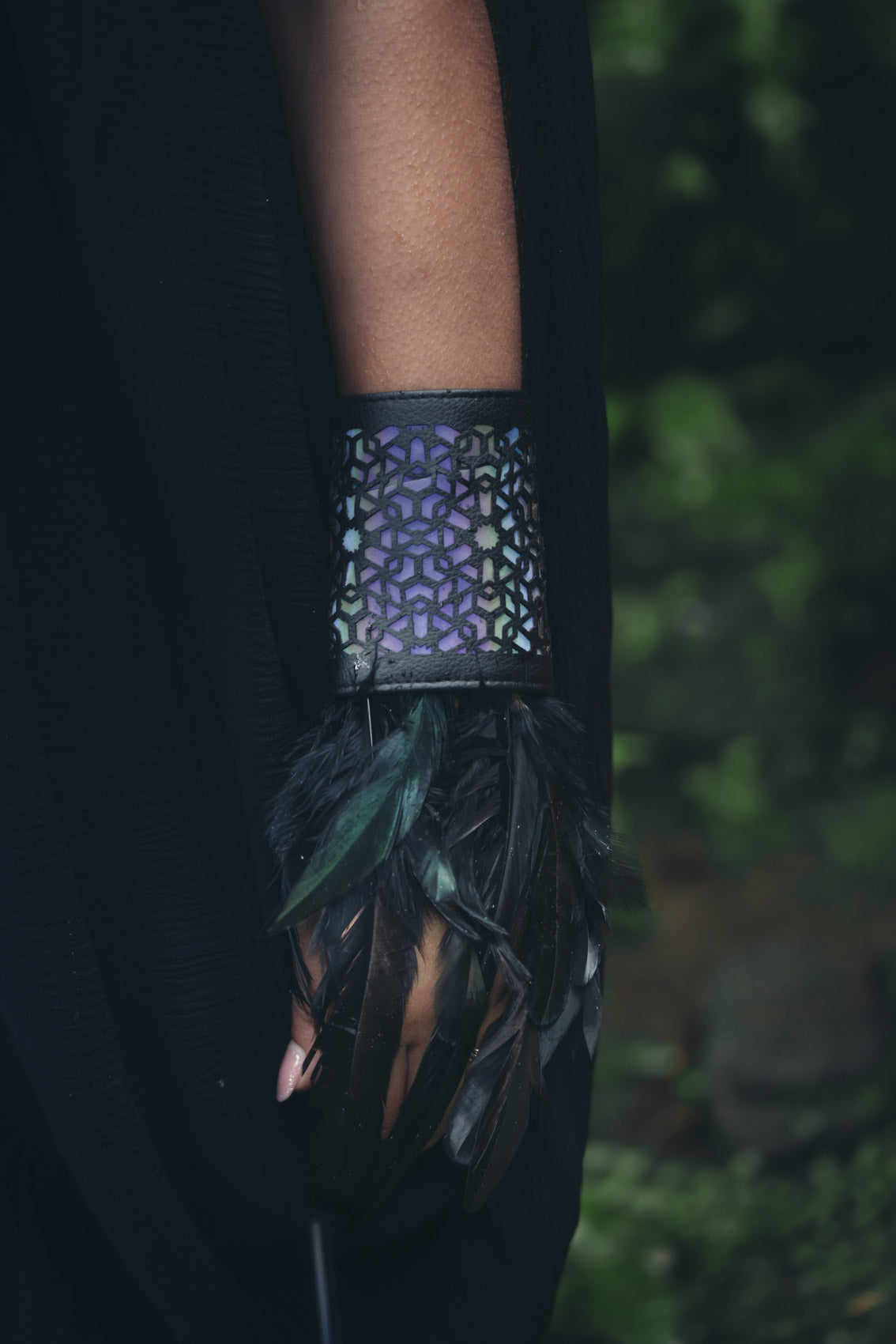 Cosmic Glass Cactus Leather Feather Cuffs