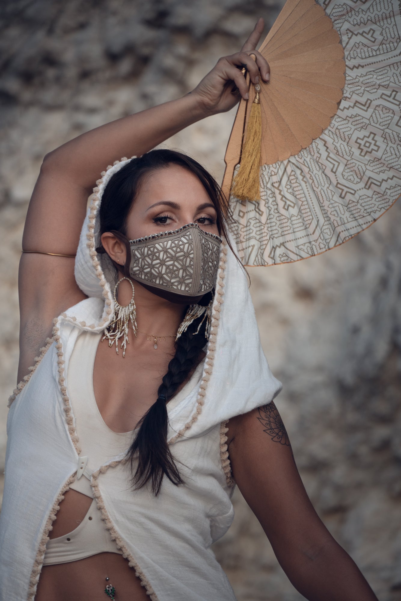 Tribal Sacred Geometry Cactus Leather Mask (Beige/White)