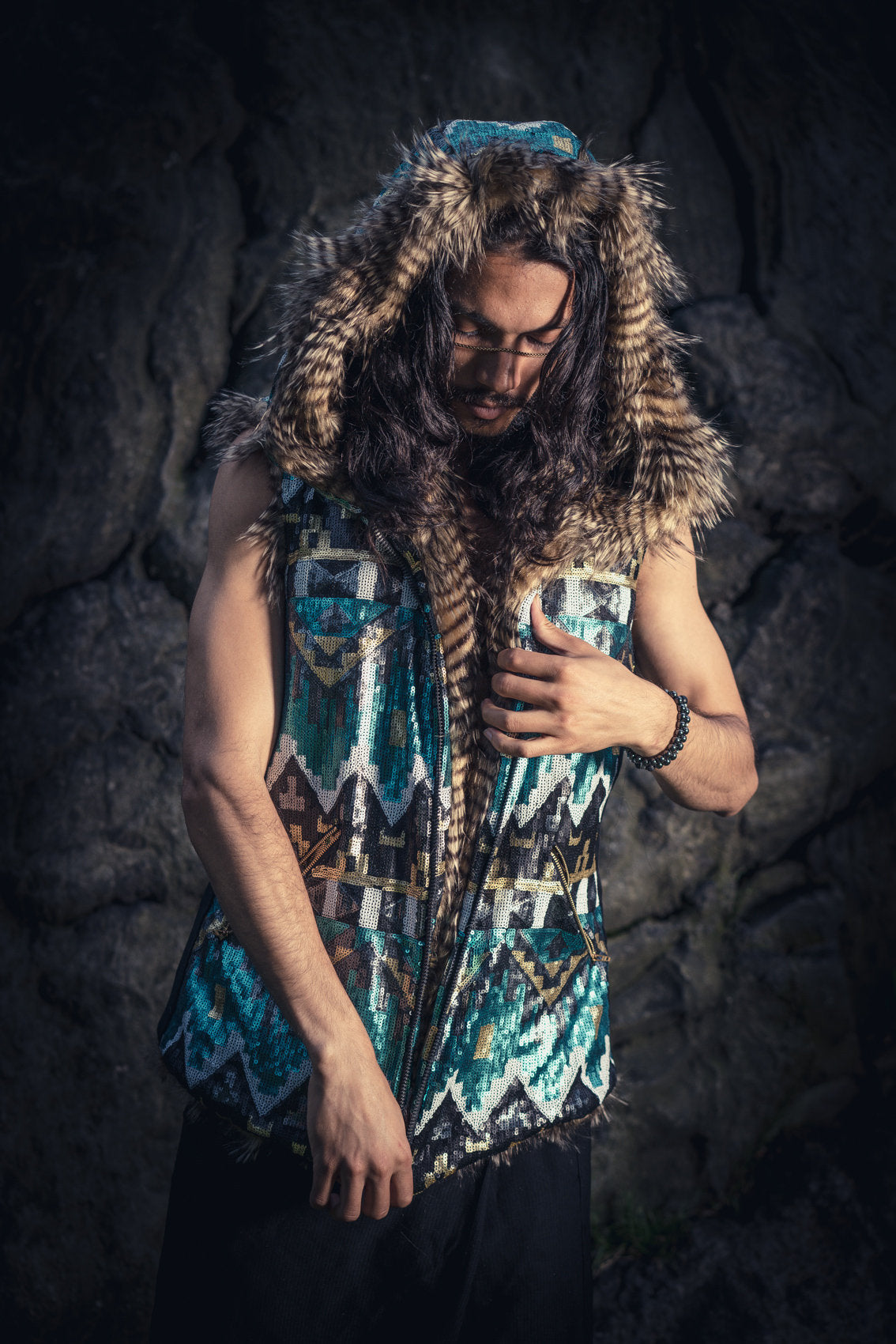 Tribal Warrior Sequin Vest (Turquoise/Gold/Black)